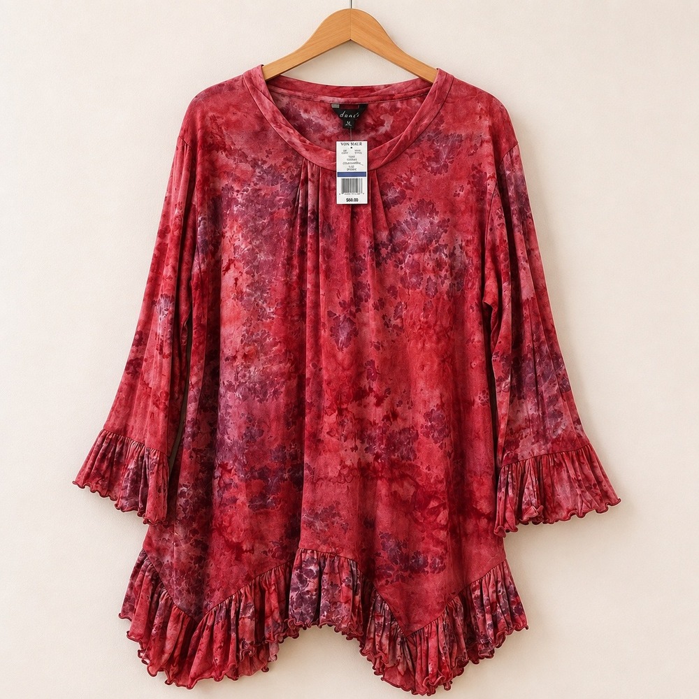 Dunia Boho Tie Dye Ruffle Hem Tunic Women XL Geranium Red Pink Fairycore NEW